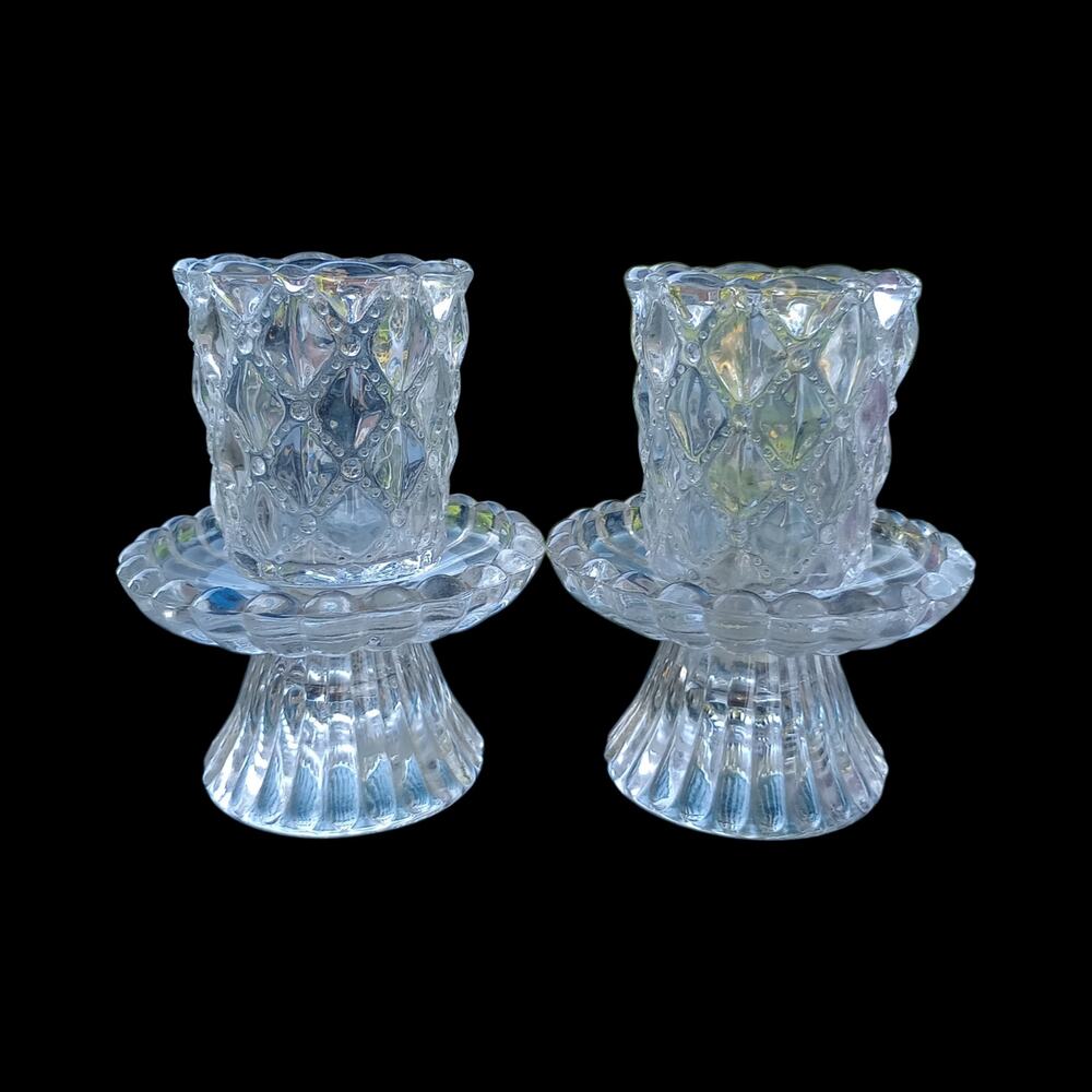 PARTYLITE Quilted Crystal 2 piece Taper Votive Tealight Candle Holder Fairy Lamp